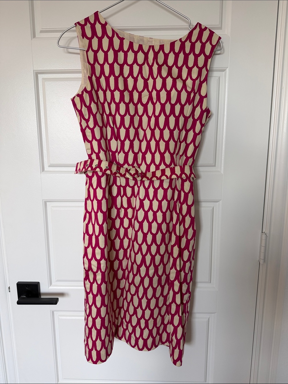 Marimekko,Sleeveless Pink and Cream Patterned Belted Dress, EU 32